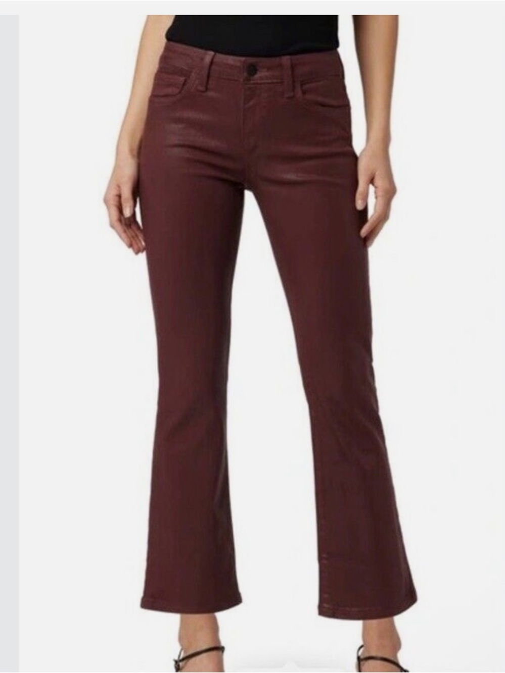 Joe's Jeans Size 23 MidRise Coated Marsala Cropped Flare Jeans in Deep Wine